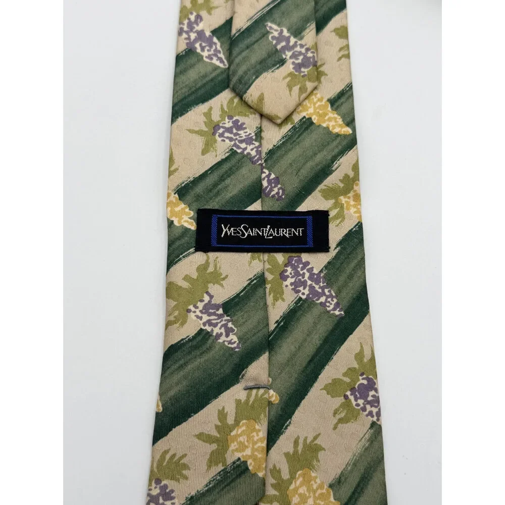 Vintage Yves Saint Laurent Necktie 100% Silk Tie Green Beige Floral Abstract Tie